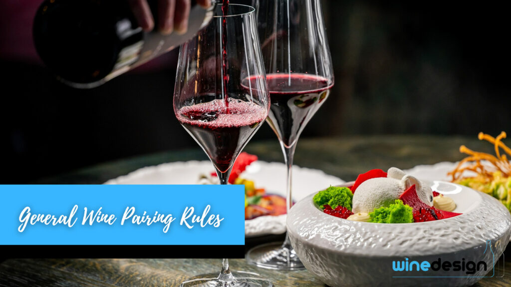 Wine Pairing Guide: Matching Wine to Food for Any Celebration - Wine A beautifully arranged dining scene featuring two elegant glasses of red wine being poured, complemented by a colorful gourmet dish and a dessert in a chic bowl