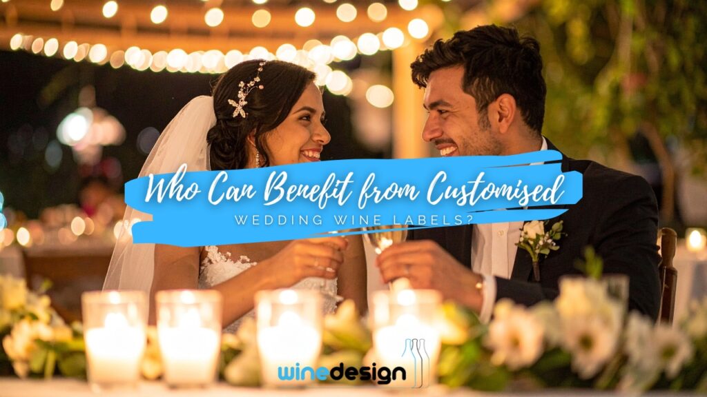 Close up of a wedding wine bottle with a photo of the bride and groom on the label