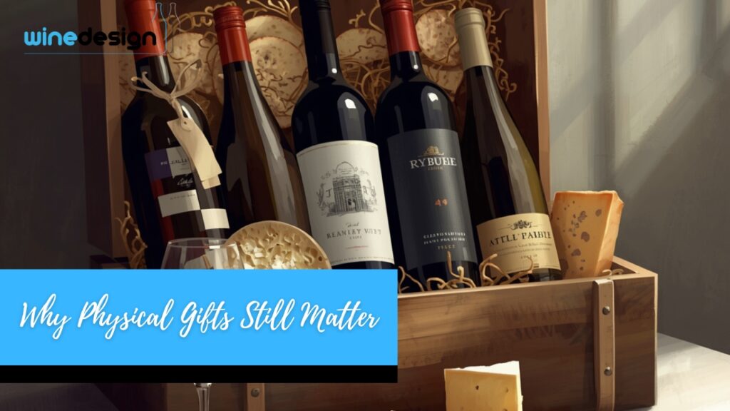 a wooden gift crate filled with branded bottles and cheese