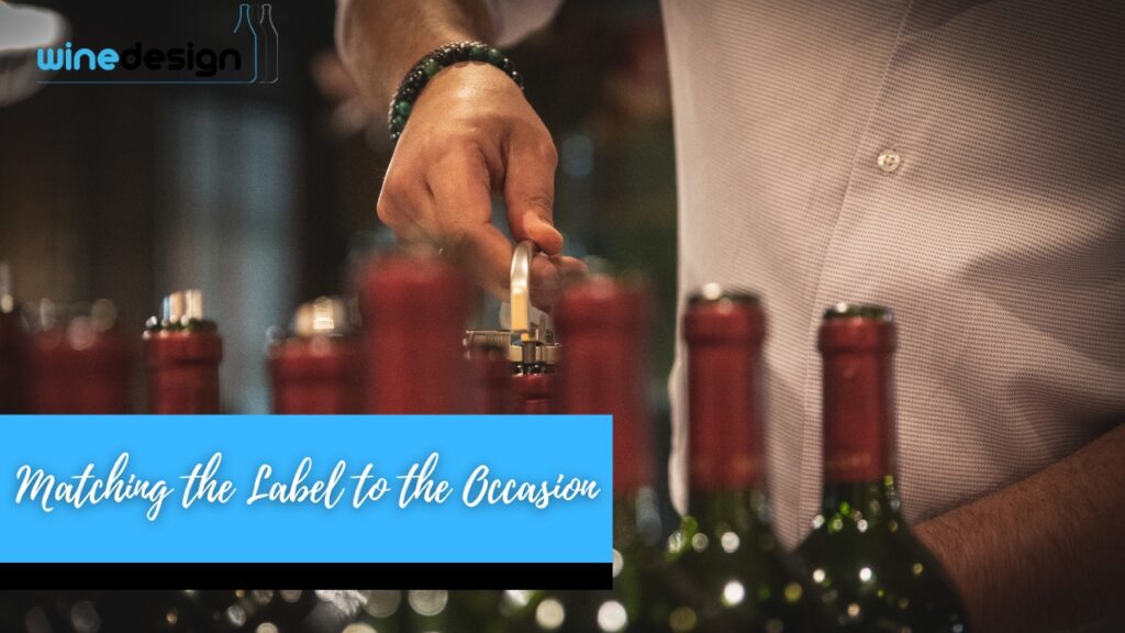 Branding Identity Through Custom Label Designs - Label Close-up of a person's hand using a tool on a wine bottle with label designs among a row of bottles.