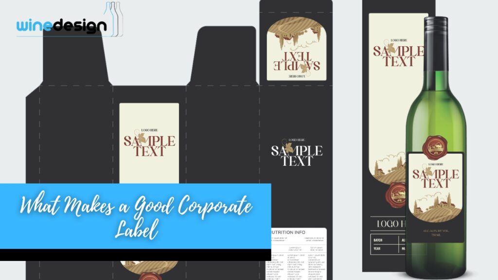 Where Wine Bottles Fit into Corporate Programs - Wine Bottles A flat, unassembled layout of a black wine box template alongside a green wine bottle mockup displaying 'SAMPLE TEXT' labels.